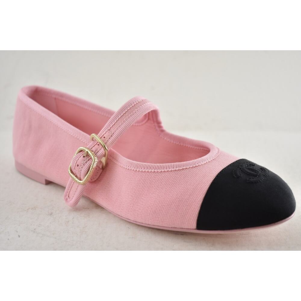 Chanel 25S Pink Fabric Black CC Logo Mary Jane Strap Ballerina Ballet Flat 37 - Picture 4 of 16